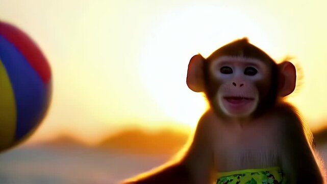 Close Up Baby Monkey Playing with a Colorful Ball at the Beach During Sunset with Yellow Diaper