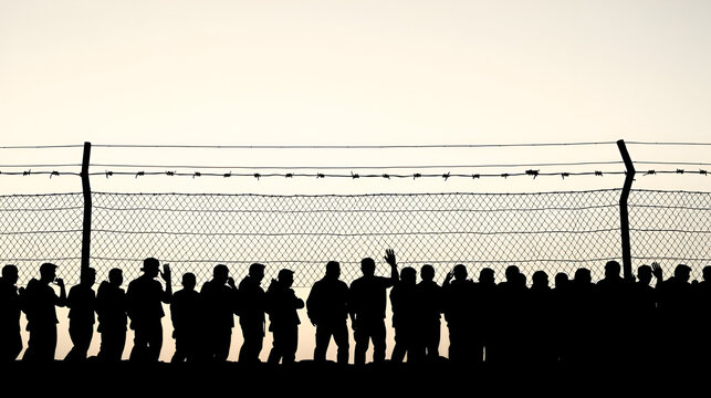 Silhouette of crowd of refugees or illegal immigrants stands by barbed wire border with copy space, concept of crossing the border, asylum, immigration, borderline demarcation.
