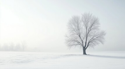 Lonely tree in winter landscape snowy field nature photography foggy environment serene viewpoint