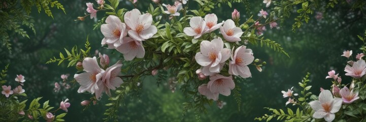 Obraz premium Intricate hand-painted blossoms, lush green backdrop, foliage, detail, stem