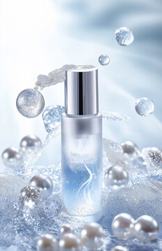 Osm product bottle with silver cap surrounded by water droplets and pearl spheres on light blue background