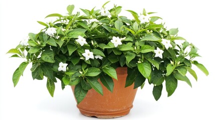 Fototapeta premium A jasmine plant in a pot with vibrant green leaves and white flowers