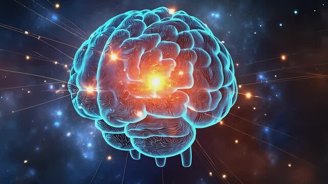 Glowing Human Brain: A vibrant, glowing human brain set against a backdrop of a deep space nebula. The image represents intelligence, creativity and innovative thinking.