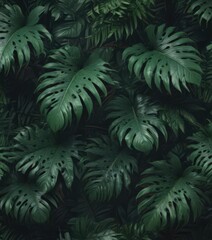 Fototapeta premium Lush, dark green exotic leaves, vibrant tropical pattern , flora, vine