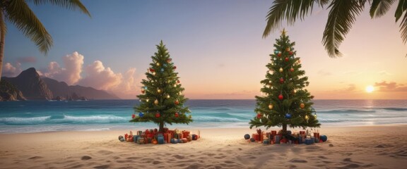 Lush tropical beach, lone Christmas tree twinkling with lights and ornaments ,  relaxation,  paradise