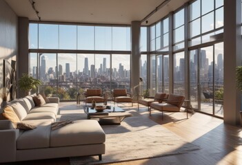 Fototapeta premium Luxury condo, stunning cityscape vista Sunlit living space , interior, home