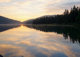 Fototapeta premium : Golden Sunset Over Serene Mountain Lake 