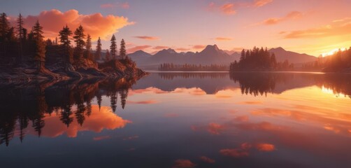 Fototapeta premium Mirror-like lake surface reflects a breathtaking sunset, creating a captivating scene , beautiful, golden