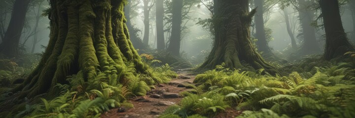 Fototapeta premium Massive moss-covered tree trunk, vibrant ferns , decay, fern