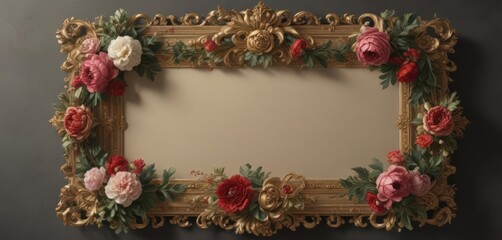 Ornate Baroque frame, scrolling acanthus leaves & stylized roses, peonies ,  baroque frame,  flower
