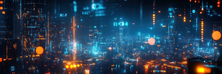 Futuristic Cityscape: Neon Lights and Digital Data Streams