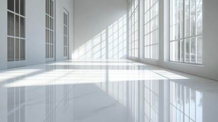 Natural light streaming through large windows in a minimalist interior bright and serene atmosphere