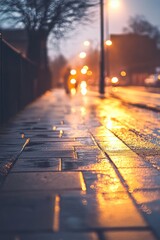 Photorealistic rainy street scene, light drizzle falling steadily, cold and quiet, the world feeling subdued and vulnerable, soft overcast sky.