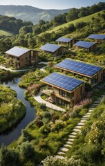 Fototapeta premium A modern house with sleek solar panels installed on its slanted roof, surrounded by lush greenery and a clear blue sky, showcasing eco-friendly energy use.