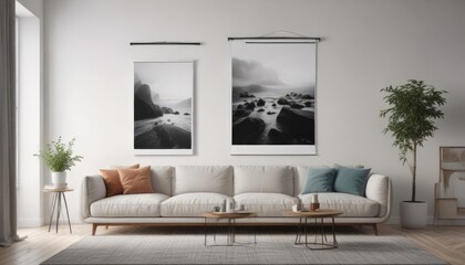 Modern living room, poster mockup hanging with clips on white wall, wall decor, image
