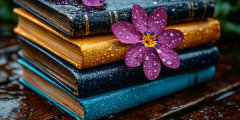  Colorful Books with Flower and Rain Drops