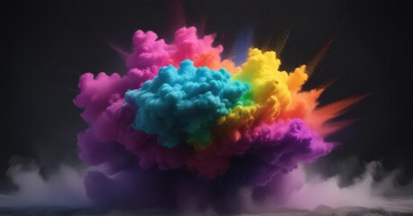 Fototapeta premium Rainbow powder cloud erupts, dark contrast Intense color motion , graphics, design, festival
