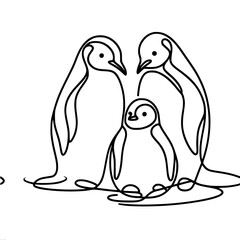Three penguins in outline style on a simple white background, single line vector     