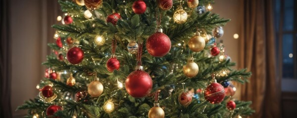 Ornate Christmas tree, vibrant baubles, soft bokeh lights ,  winter, christmas tree