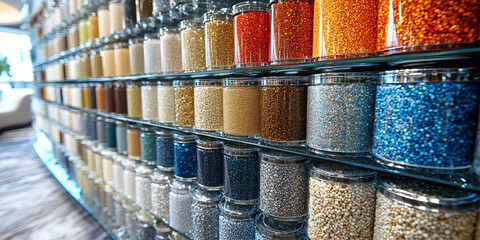  Colorful Display of Glass Jars Filled with Decorative Beads
