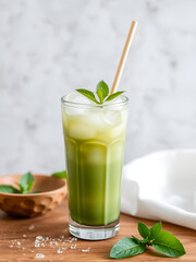 Fototapeta premium Iced matcha drink served in tall glass looks refreshingly delicious, perfectly capturing essence of delightful summer beverage