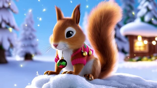 Festive Brown Squirrel Wearing Red Winter Sweater Standing On Snowy Surface In Front of a Quaint House and Snow Covered Trees Representing Christmas Holiday