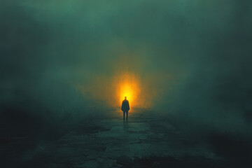 Obraz premium A person standing in the middle of a foggy forest clearing, surrounded by tall trees disappearing into the mist.