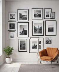 Modern gallery wall mockup; diverse frames, white wall, clean interior design,  interior photography,  home staging,  home styling
