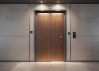 Modern lobby's minimalist door with integrated service bell, integrated, grey, hall