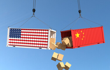 American and China cargo containers crash. 3D illustration