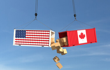 America and Canada cargo containers crash. 3D illustration