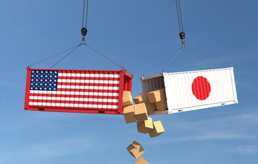 American and Japan cargo containers crash. 3D illustration
