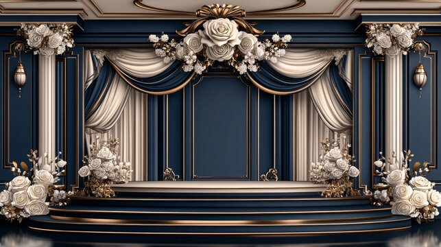 Burgundy stage backdrop with white roses abd luxury bead curtains, luxurious wedding stage with red velvet curtains, and hanging pearl garlands in elegant romantic design for wedding celebration