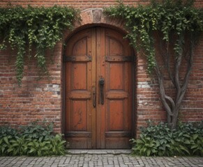 Rustic red brick wall, antique wooden door, overgrown vines,  house,  background,  facade