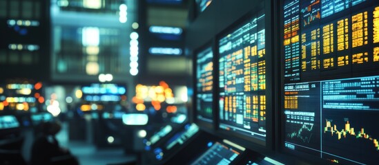 Fototapeta premium Night Stock Exchange Trading Room: Financial Data Displays and Blurred City Lights