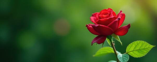 Single red rose, vibrant green leaves, simple floral design, love, bloom, gift