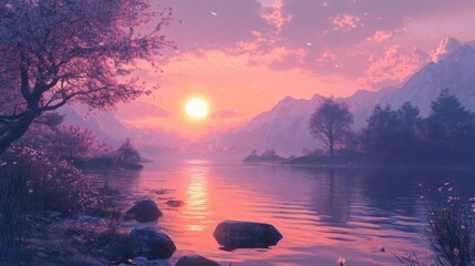 Sunset over the lake with mountains in the background. Digital painting.