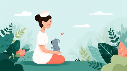 Caring Nurse Embracing a Cute Koala in a Serene Natural Landscape Filled with Lush Greenery