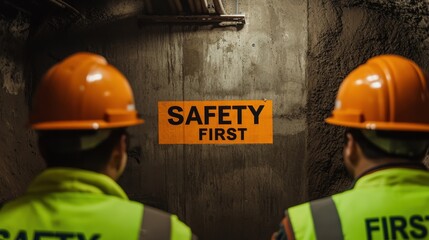 Fototapeta premium Construction Workers Prioritizing Safety with Bright Orange Safety Sign in Underground Tunnel Environment