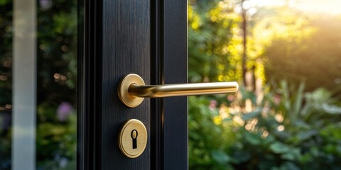 Obraz premium Golden Door Handle and Lush Garden View: A Summer's Day