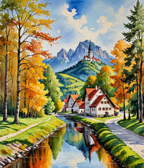Mountain landscape in oil paint. Pattern for printing on wall decorations, covers, wallpapers
