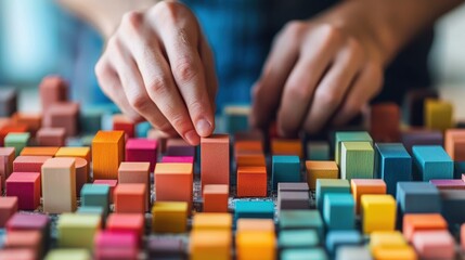 Fototapeta premium Colorful wooden blocks arranged on a table with hands carefully positioning each piece for creative structure