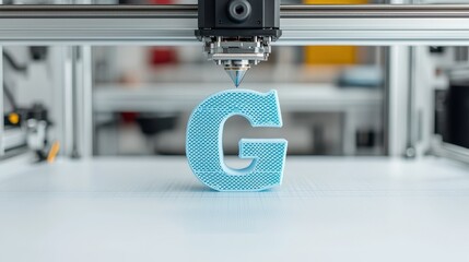 Three-Dimensional Printing Process of a Blue Letter G in a Modern Workshop Environment