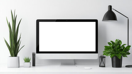 Modern Workspace Mockup: Computer, Plants, Lamp