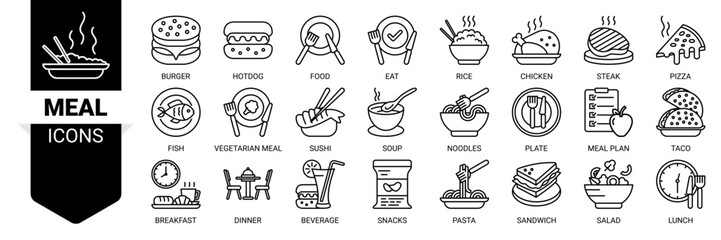 Meal icon set. Vector illustration concept with icon of food, lunch, eat, dinner, pasta, rice, pizza, salad, soup, breakfast and more icons. Outline symbol background.