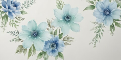 Obraz premium Subtle blue & green watercolor blooms on a creamy white backdrop , pattern, floral pattern, background