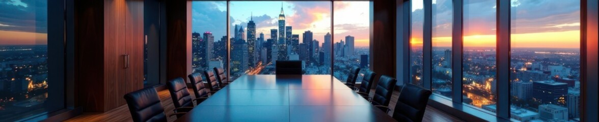 Sleek conference room, cityscape view, large screen, professional, presentation, boardroom