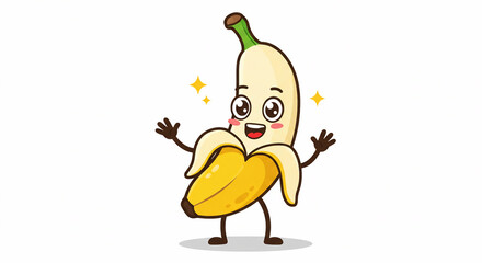 A cartoon banana character with a peeled skin and a happy expression standing on a white background