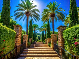 Obraz premium Mallorca Botanical Garden Entrance Gate - Cobbled Staircase Silhouette