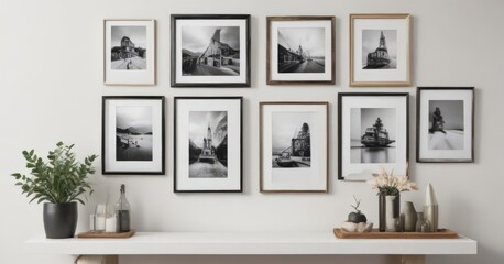 Stylish photo frame arrangement on white wall; diverse frames, clean aesthetic ,  elegant decor,  photo display,  picture display